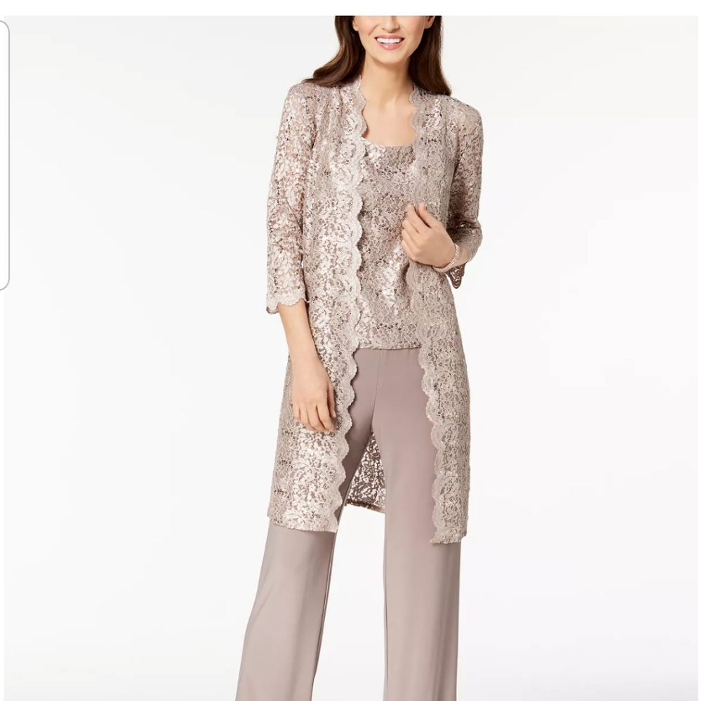3-Piece Sequin Glitter Scallop Lace Scoop Neck 3/4 Sleeve Duster Pant Set